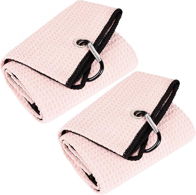 Mile High Life Tri-fold Golf Towel | 16" X 24" | Premium Microfiber Fabric | Waffle Pattern | with Heavy Duty Carabiner Clip | for Men and Women (2 Pack Pink)