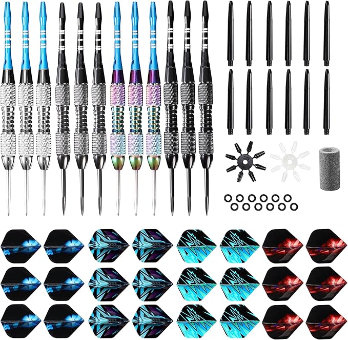 Darts Metal Tip Set Professional Metal Darts for Dartboard Steel Tip Darts with Nonslip Iron Barrel Aluminum Dart Shafts,Extra Flights,Dart Sharpener,Gift Box