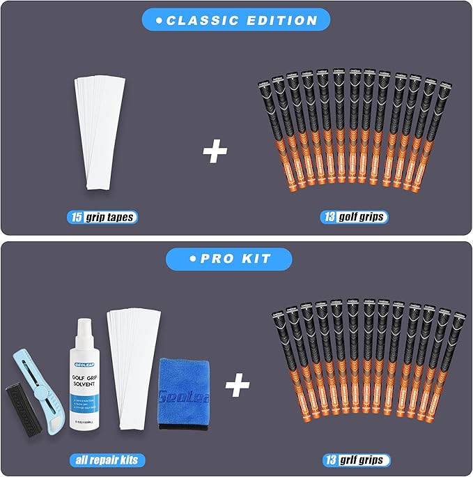Geoleap Golf Grips Set of 13- Grips with Tapes and with All Repair Kits for Choice,Hybrid Golf Club Grips,Standard/Midsize,All Weather Contral, High Feedback & Traction.