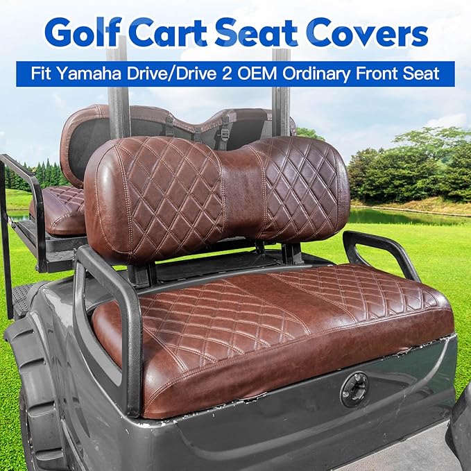 NOKINS 4PCS Golf Cart Seat Covers Kit, Front and Rear Seat Covers Fits YAMAHA/G29/Drive2 Standard Seat Cushion, Yamaha Vinyl Diamond Replacement Seat Covers, No Stapler(Brown Brown 8438)