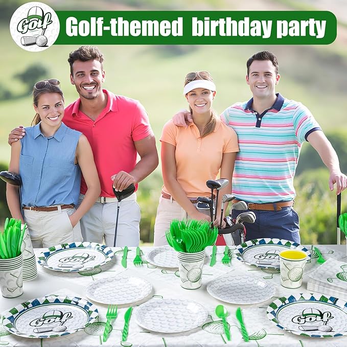 Golf Party Decorations Set for 50 Guests, 350 Pieces, Plates, Cups, Napkins, Cutlery, Green and White