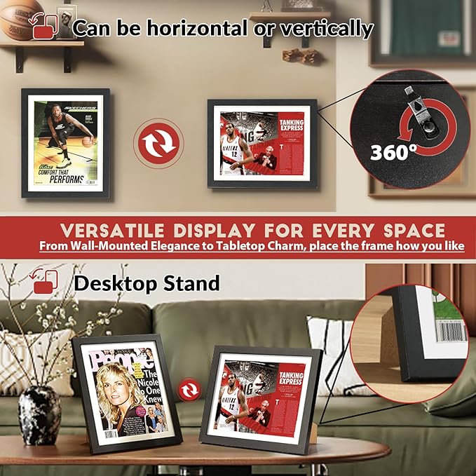 JupDec Sports Magazine Frame, Premium Wood Display Case for 8" x 10.5" Magazines, Wall Mount or Tabletop Stand, Layered Design with Positioning Mat, Perfect for Sports, Fashion & Home Decor, White