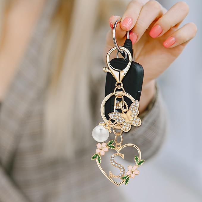 Gold Heart Initial Letter Keychain for Women Key chain Keyring for Purse Handbags Backpack Charm