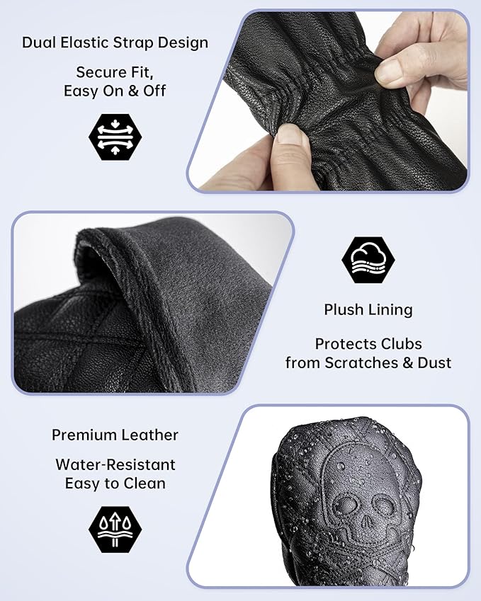 Golf Club Covers – Driver Headcover, Black Skull Leather, Fairway Wood & Hybrid, 3 Wood Headcover, Waterproof Easy-Clean, Universal Fit