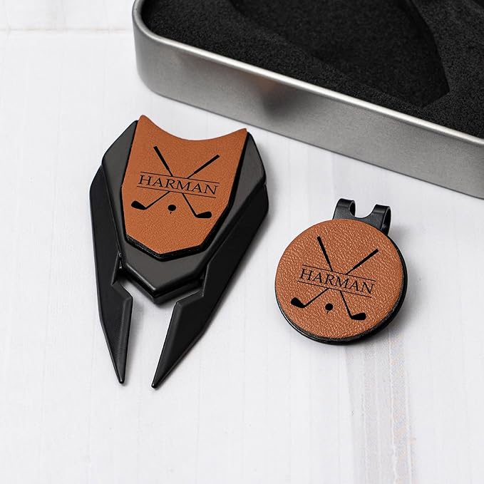 Personalized Leather Divot Repair Tool Set, Custom Golf Ball Marker for Men, Engraved Golf Turf Tools Gift for Dad Golfer