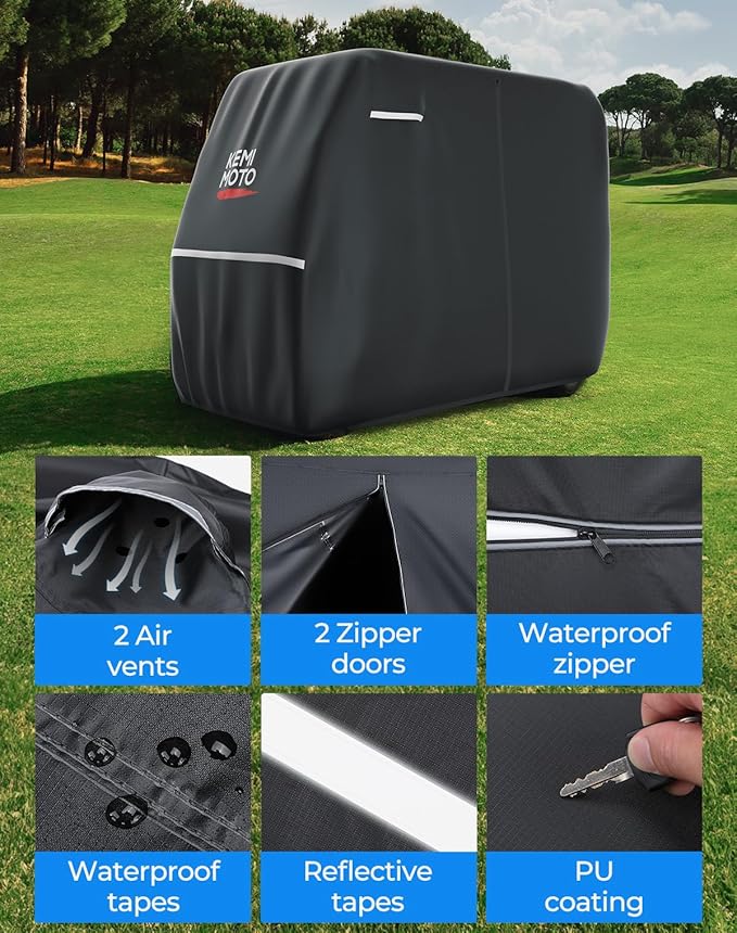 KEMIMOTO Golf Cart Cover, 600D Weatherproof Durable Protection 2-Seater Large Rainproof Cover with Storage Bag Compatible with EZGO Club Car 2 Passenger, Black