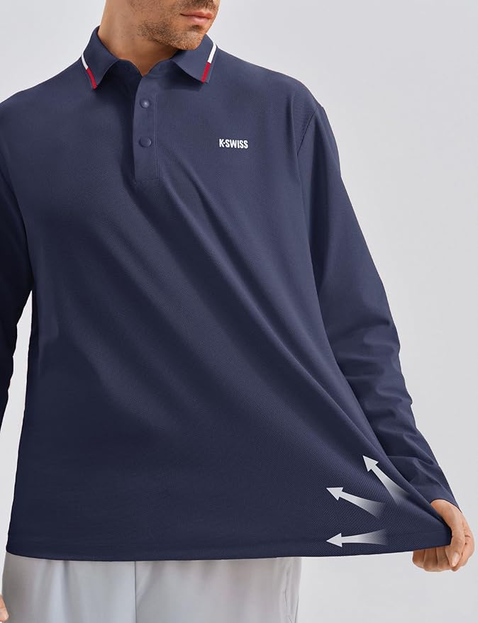 K-Swiss Men's Long Sleeve Polo Shirts - Golf Tennis Dry Fit Performance Moisture Wicking Casual Collared