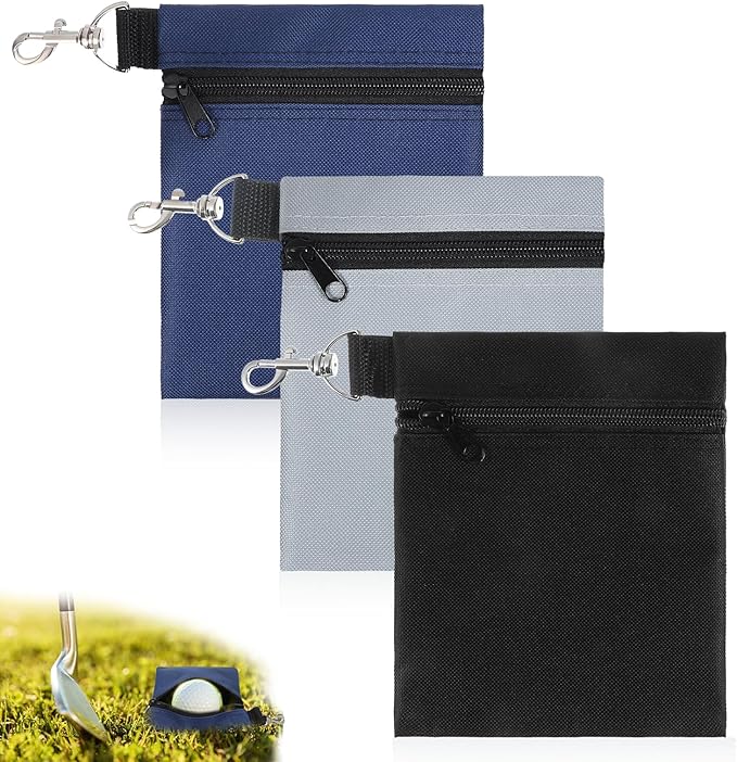 Golf Tee Bag, 3 Pack Golf Tee Pouch 5.5 X 6.7 Inch Zipper Golfs Accessory Bag with Clip Utility Tees Holder with Zipper, Golfs Ball Storage Accessory Bags with Clip for Men Women GolfGift