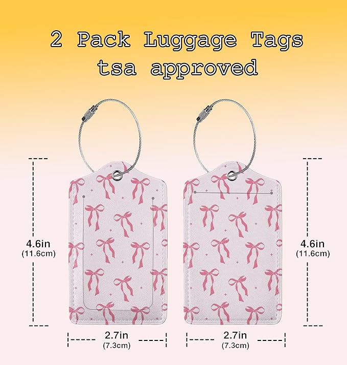 2pcs Leather Pink Bow Luggage Tags Trendy Watercolor Pink Bow Tie Identification Tags for Suitcase, Aesthetic Preppy Identify Labels Travel Tags for Backpack Suitcase