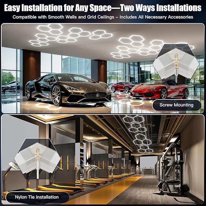 JTT Hexagon Garage Lights,16Pack 128W LED Garage Hexagon Lights,3 Grids 6500K Super Bright Car Detailing Ceiling LED Shop Light for Warehouse Workshop Gym Exhibition Hall Basement Car Care