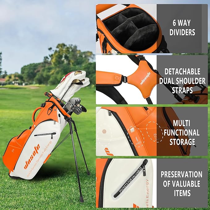 Lightweight 14-Way Golf Stand Bag, PU Leather Golf Bag Waterproof Men Women Full Length Top Dividers, Multiple 8 Pockets Cooler Pouch Adjustable Detachable Shoulder Dual Straps Rain Cover Hood