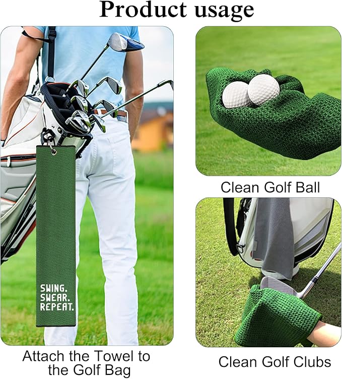 DYJYBMY Swing Swear Repeat Funny Golf Towel, Embroidered Green Golf Towels for Golf Bags with Clip, Golf Gift for Men Husband Boyfriend Dad, Birthday Gifts for Golf Fan, Funny Golf Lover Gift