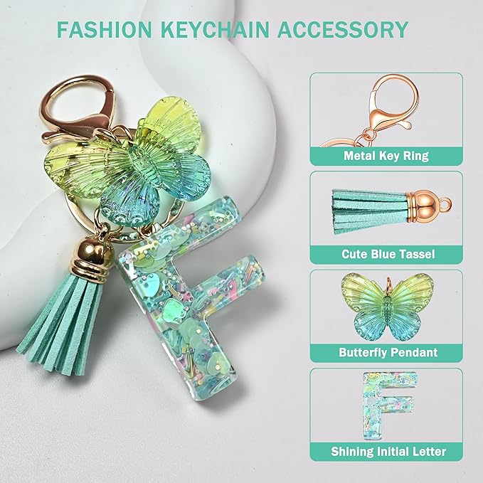 JINGUAZI Initial letter Keychains for Women Tassel Butterfly Pink Purple Cute Car Keychain for Wallet Backpack bag charm