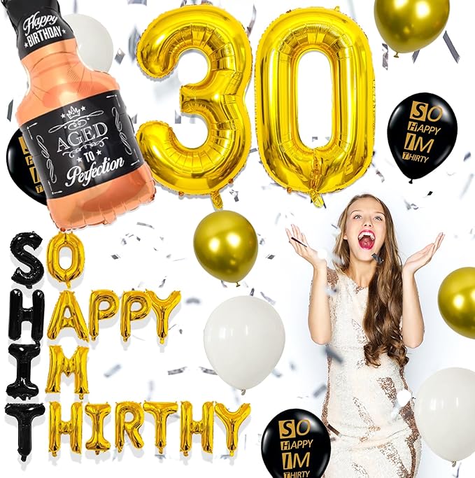 30th Birthday Decorations for Him, Thirty Birthday Decorations in Black and God So Happy IM Thirty Balloons Set for Party