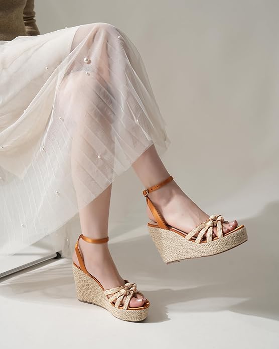 Open Toe Wedge Sandals for Women Espadrilles Platform Braided Strappy Sandals Comfortable Slip on High Heel Summer Wedges Sandals Dressy Shoes with Adjustable Ankle Strap