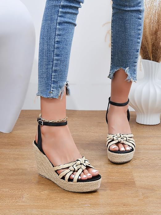 Open Toe Wedge Sandals for Women Espadrilles Platform Braided Strappy Sandals Comfortable Slip on High Heel Summer Wedges Sandals Dressy Shoes with Adjustable Ankle Strap