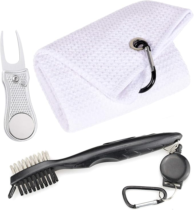 Mile High Life Microfiber Waffle Pattern Golf Towel | Club Groove Cleaner Brush | Foldable Divot Tool with Magnetic Ball Marker (White Towel/Brush/Bone Divot)