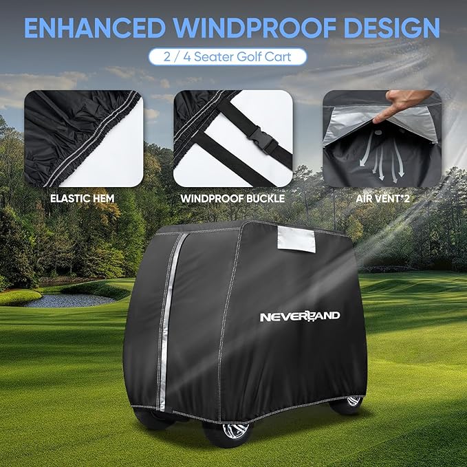 NEVERLAND Golf Cart Cover - Waterproof Golf Cart Covers - Fits for Yamaha Golf Carts EZ GO Club Car - Outdoor Windproof Sunproof (Black, Fit for 2+2/4 Passenger Cart)