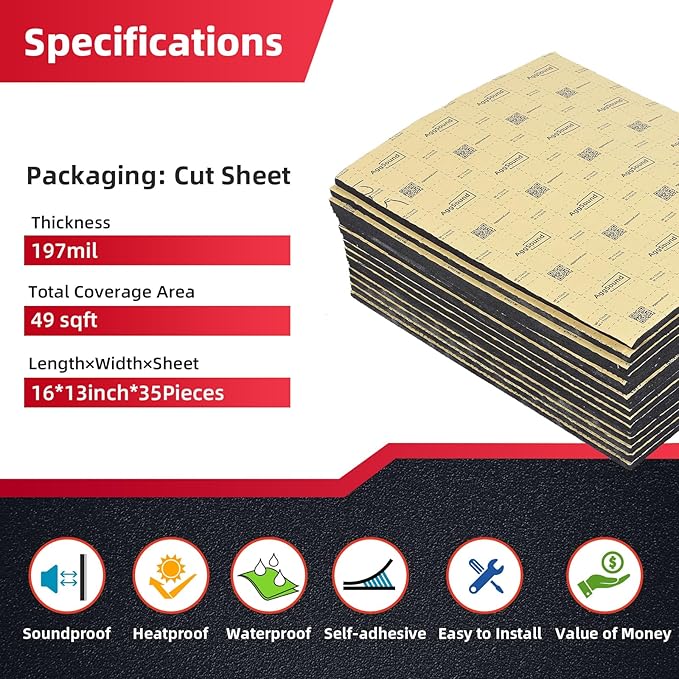 Sound Deadening Mat 197mil(5 mm) 49.73sqft - Closed Cell Foam Car Sound Deadening Material - Self-Adhesive Hood Insulation Heat Shield Auto Sound Dampening