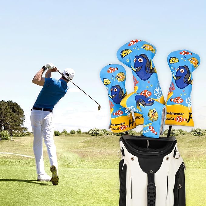 Golf Club Head Covers, Underwater World Driver Headcover Hybrid Headcover Fairway Wood Head Covers Magnetic Blade Putter Cover with Interchangeable Tags for All Brand