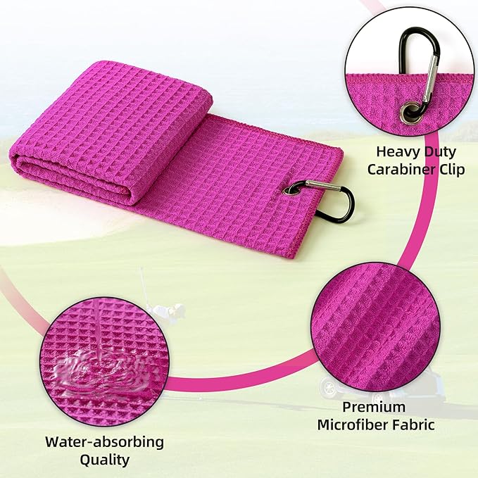 Mile High Life Premium Waffle-Weave Golf Towel | 16" X 24" | Extra Absorbent & Quick-Dry | Ultra-Soft Microfiber | Carabiner Clip | Multi-Color Options | Golf Accessory for Men & Women, Pink C