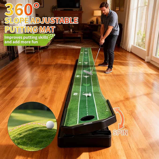 Putting Green Indoor, 360° Adjust Slope Putting Mat with Auto Ball Return & Crystal Velvet Mat, Practice Golf Gifts Game for Home, Office, Outdoor and Golfers Use
