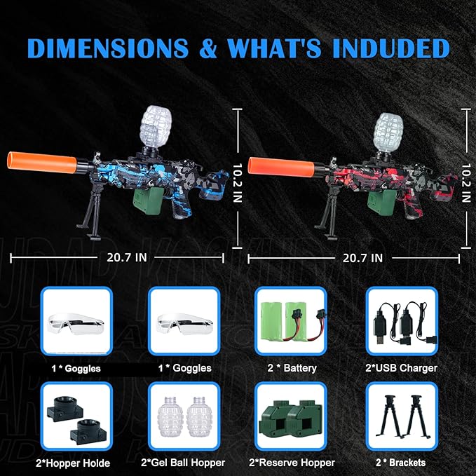 2 Set Electric Blaster Toys, Splatter Blasters with Auto and Manual Dual Mode, and Goggles, Ages 14 & Up (Red + Blue)