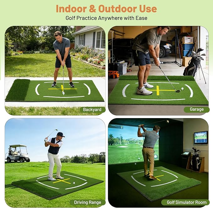 Dual Turf Golf Mat 5 * 4FT,Golf Hitting Mats Practice Outdoor/Indoor for Training Chipping Driving Swing with Standing Guide-Line & Swing Path Line,High-Density Artificial Turf Matt