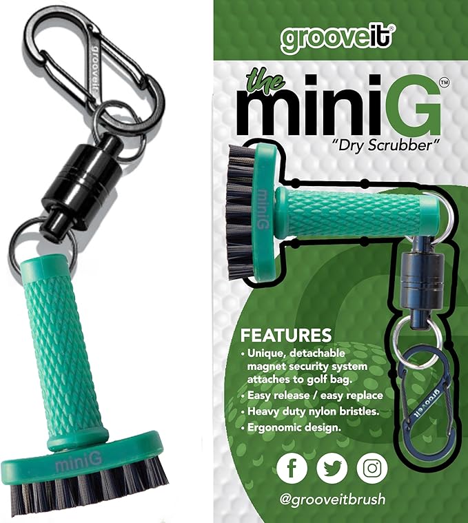 Grooveit Green Mini Golf Brush The MiniG 'Dry Scrubber' Features A Detachable Magnet, Heavy-Duty Nylon Bristles, and 3-Yr Warranty - Used On All Professional Golf Tours - Golf Accessory of 2023