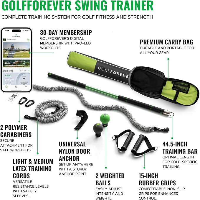 GolfForever Swing Trainer – Golf Training & Fitness System for Strength, Flexibility & Swing Power – Includes 30-Day Membership & Training Bar for Golf-Specific Workouts