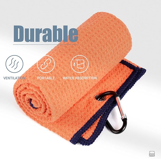Mile High Life Tri-fold Golf Towel | Premium Microfiber Fabric | Waffle Pattern | with Heavy Duty Carabiner Clip | Golf Towel for Men and Women (Orange)