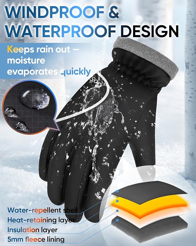 Winter Gloves for Women Men, Waterproof and Warm, Sensitive Touch Gloves for Cycling Running Working Outdoor Activities, Black