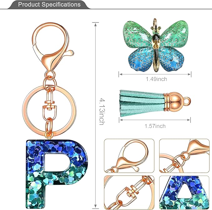 JINGUAZI Initial letter Keychains for Women Tassel Butterfly Pink Purple Cute Car Keychain for Wallet Backpack bag charm