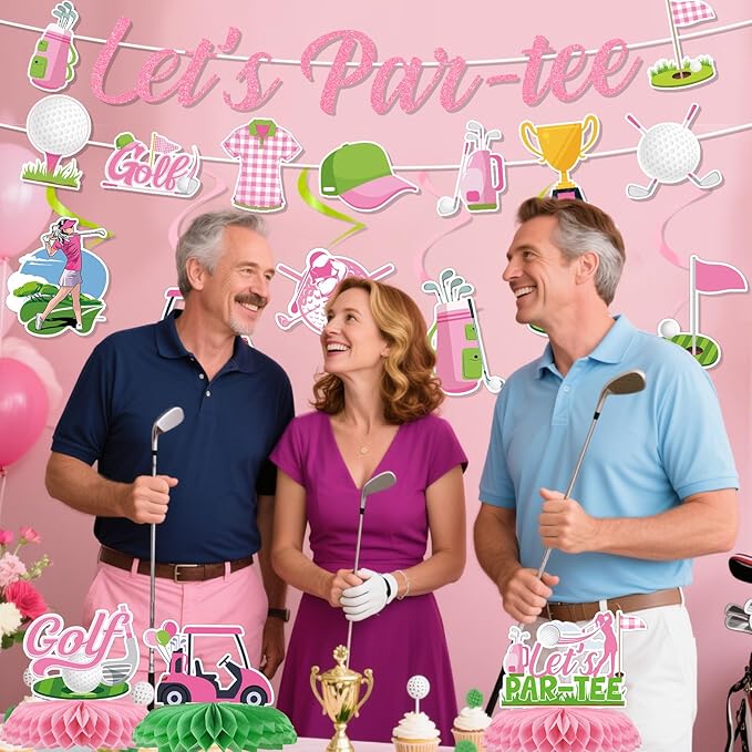 Pink Golf Party Decorations - 11PCS Golf Birthday Decorations Lets Partee Banners Hanging Swirls Honeycomb Centerpieces Sport Themed Party Birthday Decor Supplies for Women Girls