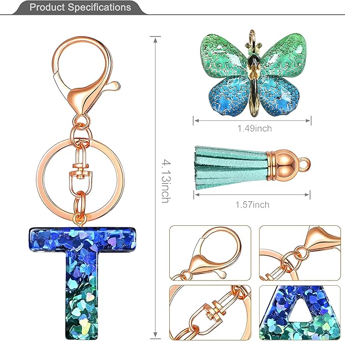 JINGUAZI Initial letter Keychains for Women Tassel Butterfly Pink Purple Cute Car Keychain for Wallet Backpack bag charm