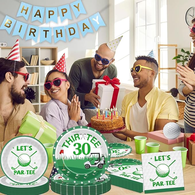 96 Pcs Golf 30th Birthday Party Decorations Golf Theme Tableware Set Golf Thir-Tee Plates Napkins Forks for Let's Par-Tee Men Women Birthday Dinnerware Green Sports Party Supplies 24 Guests