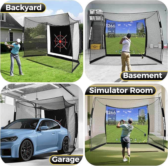 MangoStar Golf Net, 11x8ft Golf Simulators Hitting Net with High-Density Impact Screen and Target Cloth, Heavy Duty Practice Cage for Swing Driving, Home Backyard Garage Indoor Outdoor Use