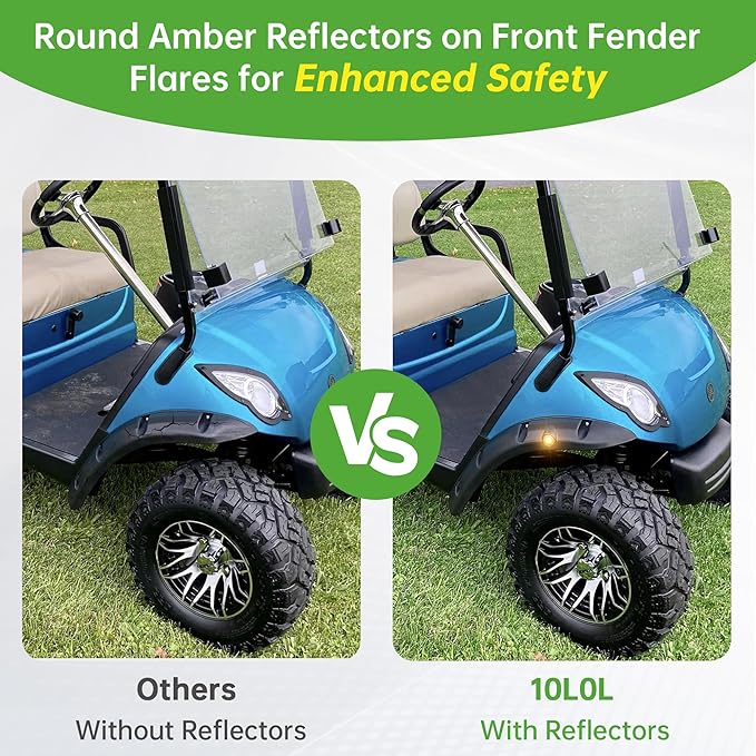 10L0L 4PCS Golf Cart Fender Flares for Yamaha G29, EZGO TXT/RXV, Club Car DS/Precedent - Heavy Duty ABS Plastic Mud Guards with Reflectors & Stainless Steel Hardware