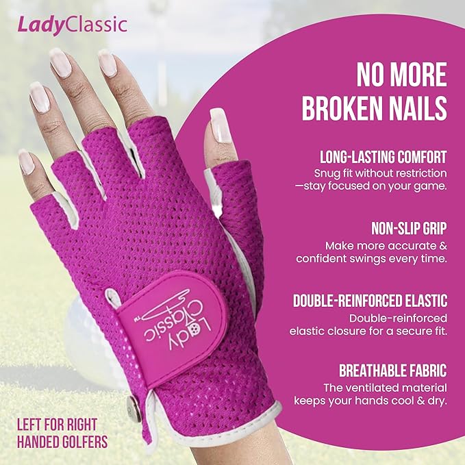 Mesh Half Golf Glove for Women – Premium Cabretta Leather Palm, Breathable Mesh Back, Half-Finger Design Ladies Golf Glove for Enhanced Grip & Comfort