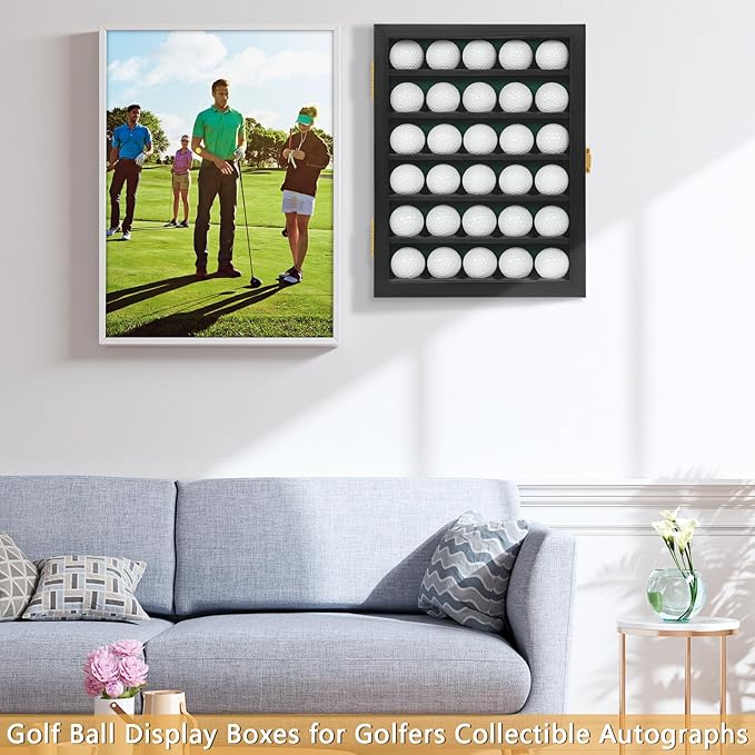 Golf Ball Display Case, Solid Wood Golf Ball Holder, Wall Mounted Golf Ball Rack with Acrylic Door for Golf Enthusiasts (Black, for 30 Golf Balls)