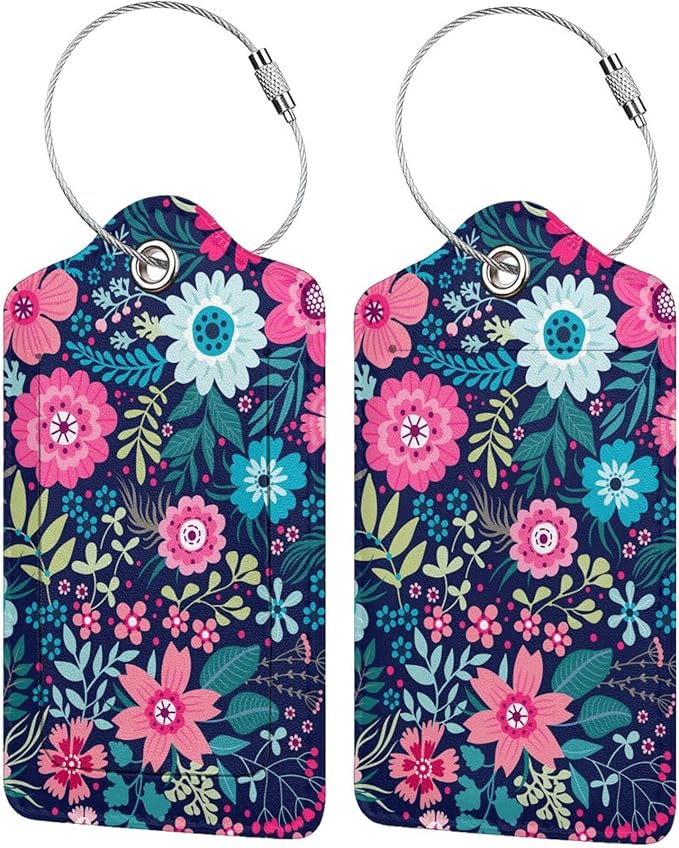 Luggage Tags for suitcases, 2 Pack Tropical Flower Luggage Tag, Leather Stainless Steel Loop Label Tag for Women Girl Travel Bag Suitcase