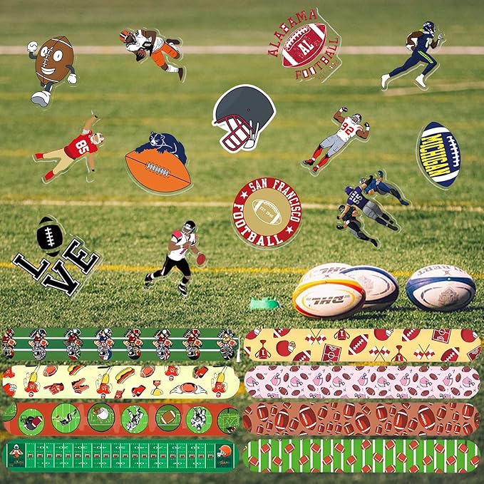 74Pcs Football Theme Party Favors Contain 24 Pcs Slap Bracelets 50Pcs Stickers, Sports Football Theme Birthday Party Decorations,Classroom Rewards Supplies.