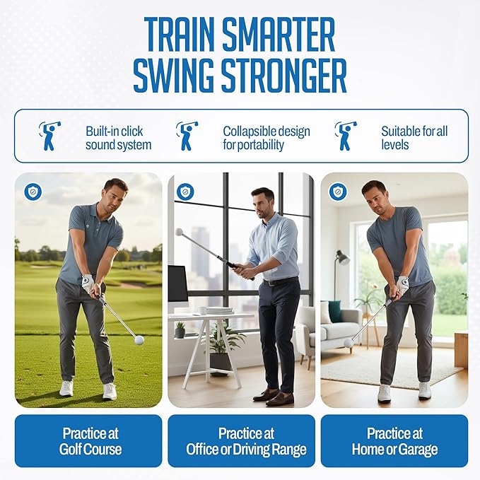 Retractable Golf Swing Training Aid,Rhythm Click Sound Warm Up Golf Swing Trainer,Golf Grip Trainer Attachment -Strength & Tempo Training for Chipping Hitting,Golf Accessories for Men-BONUS Items