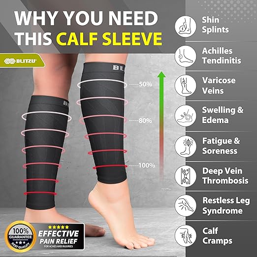 BLITZU 3 Pairs Calf Compression Sleeves for Men and Women. Footless Compression Socks & Leg Support for Running, Travel, Nursing, Fitness. Shin Splints Pain Relief & Reduce Swelling Black L-XL