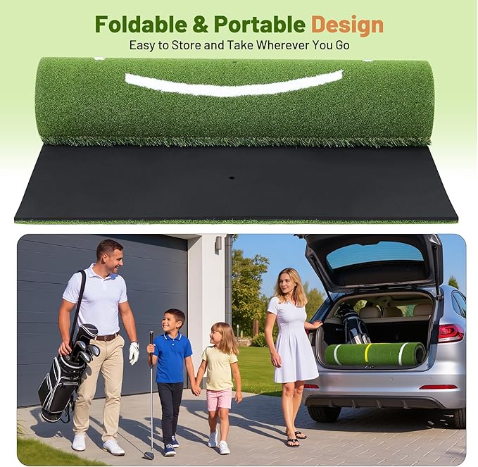 Dual Turf Golf Mat 5 * 4FT,Golf Hitting Mats Practice Outdoor/Indoor for Training Chipping Driving Swing with Standing Guide-Line & Swing Path Line,High-Density Artificial Turf Matt