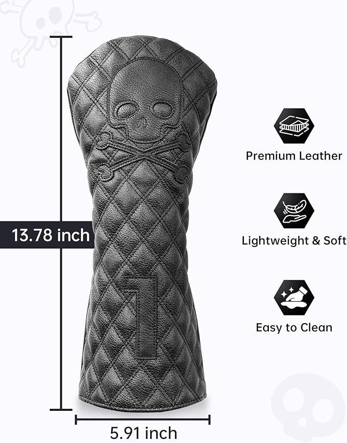Golf Club Covers – Driver Headcover, Black Skull Leather, Fairway Wood & Hybrid, 3 Wood Headcover, Waterproof Easy-Clean, Universal Fit