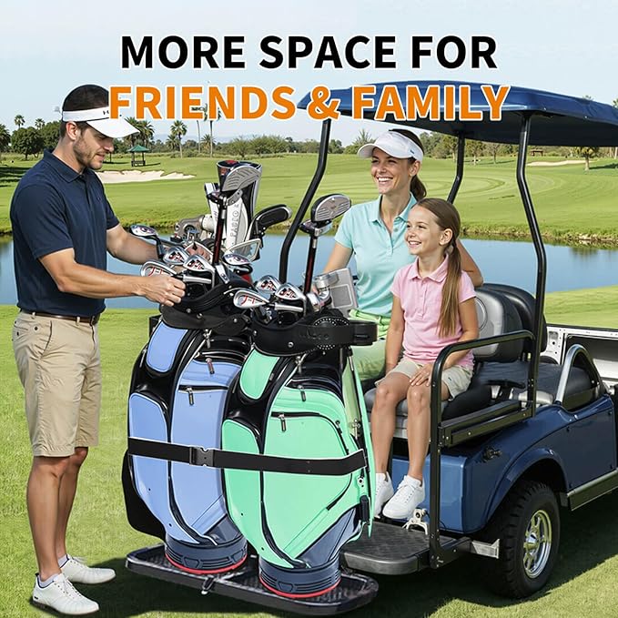 No Drilling Golf Cart Bag Holder Bracket for 2+2 Golf Cart Rear Seat with 1 Inch Square Tube, Universal Golf Bag Attachment Adjustable for EZGO Club Car Yamaha Golf Carts