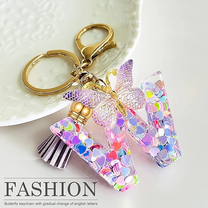 JINGUAZI Initial letter Keychains for Women Tassel Butterfly Pink Purple Cute Car Keychain for Wallet Backpack bag charm