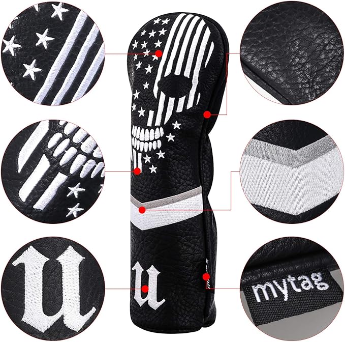 mytag Skull Skeleton Golf Head Covers Black Synthetic Leather Golf Headcovers Set Fits Driver Fairway Wood Hybrid/Utility Putter Iron Wedge Headcover
