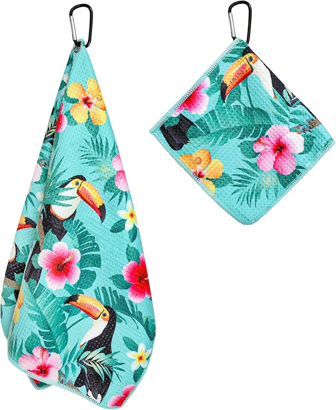 Microfiber Golf Towels for Golf Bags & Carts - Premium Weave Waffle & Ball Towels with Carabiner Clip, Essential Accessories for Men, Women, and Kids, Golfer Gifts, Set of 2 (Toucan)